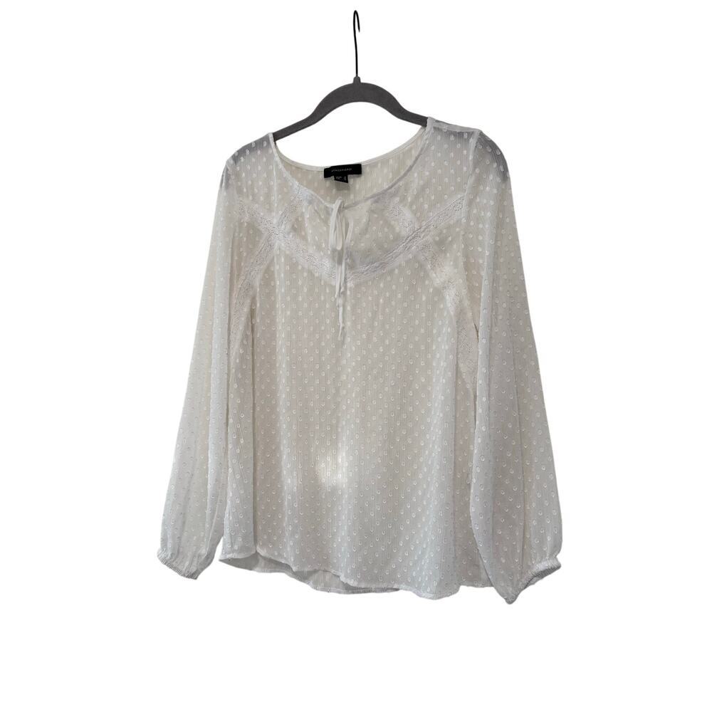 Atmosphere White Swiss Dot Peasant Blouse Lace Tie Neck Long Sleeve Size US 6 - Picture 4 of 7